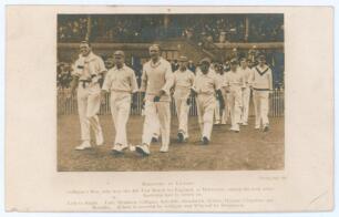 Maurice William Tate. Sussex & England 1912-1937. M.C.C. tour to Australia 1924/25. Original sepia real photograph postcard of Arthur Gilligan leading the team on to the field. Printed caption below the photograph reads &lsquo;Marching to Victory. Gilligan&rsquo;s me