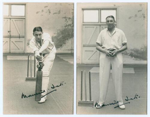 Maurice William Tate. Sussex & England 1912-1937. Two original sepia real photograph postcards of Tate depicted full length in indoor nets, one playing a forward defensive shot, the other standing at the wicket with a ball in hand. Both signed in black in