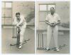 Maurice William Tate. Sussex & England 1912-1937. Two original sepia real photograph postcards of Tate depicted full length in indoor nets, one playing a forward defensive shot, the other standing at the wicket with a ball in hand. Both signed in black in