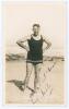 Maurice William Tate. Sussex & England 1912-1937. Original candid style sepia photograph of Tate standing full length on the beach in swimming attire. Signed in ink to the front with dedication by Tate, with further annotation in ink to verso &lsquo;All of us h