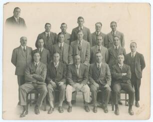 Maurice William Tate. Sussex & England 1912-1937. M.C.C. tour to Australia 1924/25. Original mono studio portrait photograph of the touring team taken on their arrival at Perth for the 1924/25 tour. The players standing and seated in rows wearing suits an