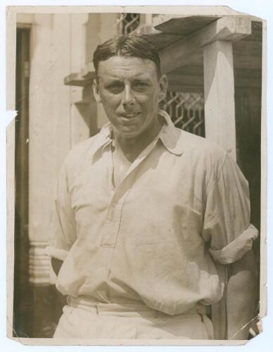 Maurice William Tate. Sussex & England 1912-1937. Original sepia press photograph of Tate, half length wearing cricket attire, taken on 8th August 1930 during the match Sussex v Surrey at Hastings. Photograph by L.N.A., London. 6.5&rdquo;x8.5&rdquo;. Wear, creasing a
