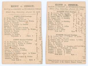 &lsquo;Kent v. Sussex&rsquo; 1849. Early small original double sided scorecard with complete printed scores for the match played at the Higher Common Ground, Tunbridge Wells, 16th- 18th August 1849. To one side are the two innings for Kent (126 & 54), and to the vers