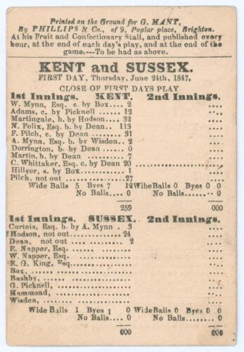&lsquo;Kent and Sussex&rsquo; 1847. Early small original double sided scorecard showing the scores at the close of the first day&rsquo;s play in the match Sussex v Kent at the Royal New Ground, Brighton, 24th- 26th June 1847. In a high scoring match for its time, Kent batt