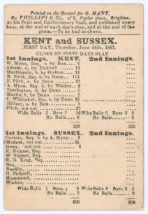 &lsquo;Kent and Sussex&rsquo; 1847. Early small original double sided scorecard showing the scores at the close of the first day&rsquo;s play in the match Sussex v Kent at the Royal New Ground, Brighton, 24th- 26th June 1847. In a high scoring match for its time, Kent batt
