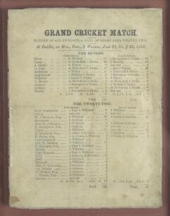 &lsquo;Grand Cricket Match. Eleven of All England v. Earl of Stamford&rsquo;s Twenty-Two&rsquo; 1856. Rare and early commemorative silk scorecard for the match played at the Earl of Stamford&rsquo;s Ground at Enville Hall, 23rd- 25th June 1856. All England batted first and made 
