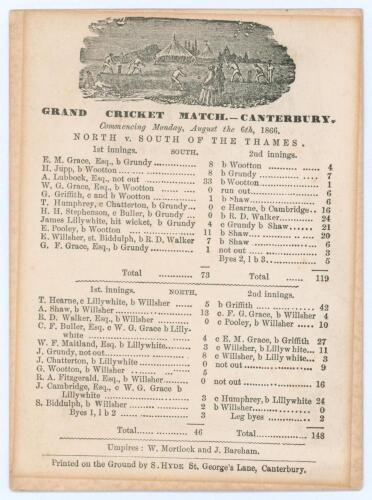 &lsquo;Grand Cricket Match- Canterbury. North [of the Thames] v. South of the Thames&rsquo; 1866. Early original single sided scorecard with complete printed scores for the match played at Canterbury, 6th- 8th August 1866. Both teams featured notable names, the South