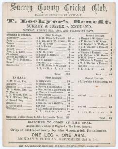 &lsquo;T. Lockyer&rsquo;s Benefit. Surrey & Sussex v. England&rsquo; 1867. Early original double sided scorecard with complete printed scores for the match played at Kennington Oval, 26th- 28th August 1867. Batting first, Surrey & Sussex scored 168 (Pooley 68, James Lillyw