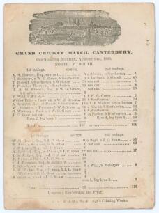 &lsquo;North v. South&rsquo; 1869. Early single sided scorecard with decorative engraved header depicting a cricket scene, for the match played at Canterbury 9th- 10th August 1869. Dated &lsquo;Monday, August 9th&rsquo; the scorecard with complete printed scores. The North score