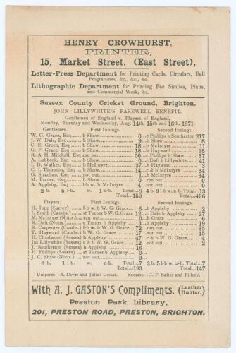 &lsquo;Gentlemen of England v. Players of England. John Lillywhite&rsquo;s Farewell Benefit&rsquo; 1871. Early single sided scorecard for the match played at the Royal Brunswick Ground, Hove, 14th- 16th August 1871. The scorecard with complete printed scores with the Gentl