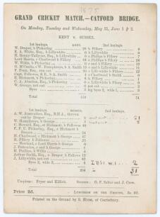&lsquo;Kent v Sussex&rsquo; 1875. Rare early original single sided scorecard for the match played at Catford Bridge, 31st May- 2nd June 1875. The scorecard with complete printed and handwritten scores. In the inaugural first-class match to be played at the Private Ba