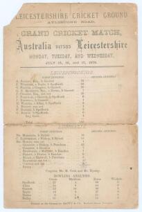 Australia inaugural tour to England 1878. &lsquo;Australia versus Leicestershire&rsquo;. Very rare and early official double sided scorecard for the tour match played at Aylestone Road, Leicester, 15th- 17th July 1878. The scorecard with incomplete printed and faintl