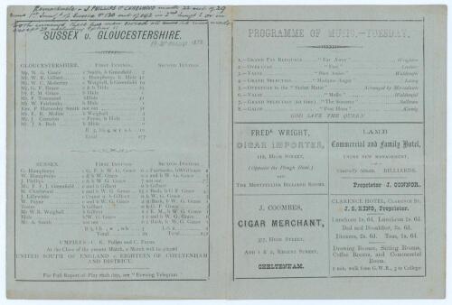 &lsquo;Sussex v. Gloucestershire&rsquo; Cheltenham Cricket Festival 1878. Early official folding scorecard for the match played at the College Ground, Cheltenham, 19th- 21st August 1878. The scorecard with complete printed scores with advertising and programme of mus