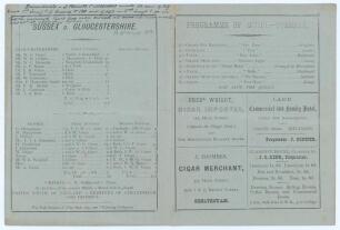 &lsquo;Sussex v. Gloucestershire&rsquo; Cheltenham Cricket Festival 1878. Early official folding scorecard for the match played at the College Ground, Cheltenham, 19th- 21st August 1878. The scorecard with complete printed scores with advertising and programme of mus