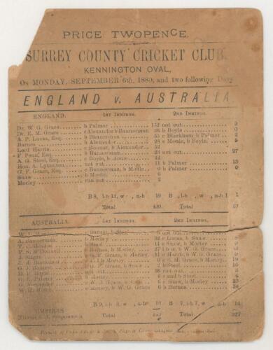 The Ashes. &lsquo;England v. Australia&rsquo; 1880. The First Test Match held in England. Early and rare original single sided scorecard for the match played at Kennington Oval, 6th- 8th September 1880. The scorecard with the players listed for the start of play and 