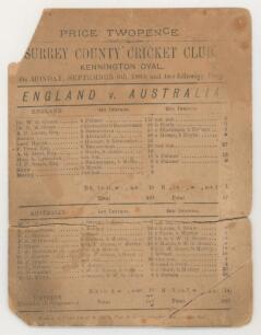 The Ashes. &lsquo;England v. Australia&rsquo; 1880. The First Test Match held in England. Early and rare original single sided scorecard for the match played at Kennington Oval, 6th- 8th September 1880. The scorecard with the players listed for the start of play and 