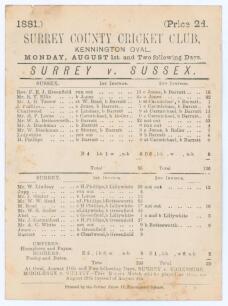 &lsquo;Surrey v. Sussex&rsquo; 1881. Early original double sided scorecard with complete printed scores for the match played at Kennington Oval 1st & 2nd August 1881. Despite fielding a strong side, Sussex could muster only 95 in their first innings, Edward Barratt d