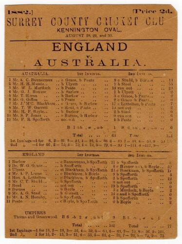 The Ashes. &lsquo;England v. Australia&rsquo; 1882. Early and original double sided official scorecard for the second Test match to be played in England, Kennington Oval, 28th- 30th August 1882. The scorecard with complete printed scores. Australia batted first and w