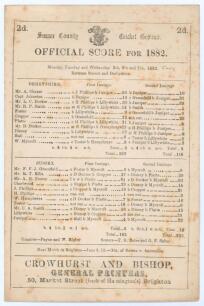Sussex v Derbyshire &lsquo;Official Score for 1882&rsquo;. Original single-sided scorecard with complete printed scores for the match played at Hove 5th- 7th June 1882. In a closely fought match Derbyshire batted first and scored 283 (Shuker 86, Ducker 60, James Lill