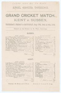 &lsquo;Grand Cricket Match. Kent v. Sussex&rsquo; 1884. Original single sided scoresheet, printed on paper with complete printed scores, for the match played at the Angel Ground, Tonbridge, 17th- 19th July 1884. Sussex (98 & 294) beat Kent (116 & 163) by 113 runs. To