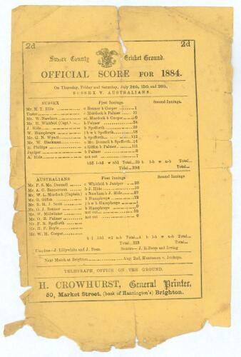 &lsquo;Sussex v. Australians&rsquo; 1884. Early original single sided scorecard printed on yellow paper with printed scores showing the position at the close of play on the second day of the tour match played at Hove, 24th- 26th July 1884. Sussex had posted a strong 