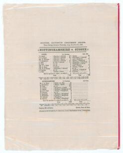 &lsquo;Nottinghamshire v. Sussex&rsquo; 1887. Early original commemorative silk scorecard for the match played at Trent Bridge, 25th- 27th August 1887. Electing to bat first, Sussex were bowled out for 140, Dick Attewell taking 6/30. In reply Nottinghamshire posted 