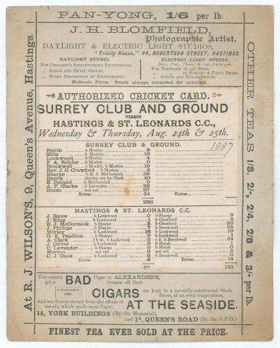 &lsquo;Surrey Club and Ground v. Hastings & St. Leonards C.C.&rsquo; Hastings Cricket Week 1887. Early original double sided scorecard for the match played at Hastings 24th & 25th August 1887. The scorecard with complete printed scores is printed on an original sheet