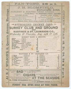 &lsquo;Surrey Club and Ground v. Hastings & St. Leonards C.C.&rsquo; Hastings Cricket Week 1887. Early original double sided scorecard for the match played at Hastings 24th & 25th August 1887. The scorecard with complete printed scores is printed on an original sheet