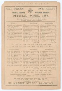 &lsquo;Sussex v. Australians&rsquo; 1888. Early original double sided scorecard for the tour match played at Hove 19th- 21st July 1888. The scorecard with complete printed scores in a low scoring match in which Sussex made 98 & 116, Australians 68 & 88, Sussex winnin