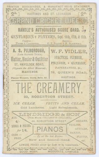 &lsquo;Hastings and St. Leonards Grand Cricket Week. Gentlemen v Players&rsquo; 1889. Early original 12pp &lsquo;Randle&rsquo;s Authorised Scorecard&rsquo; with complete printed scores for the match played at the Central Recreation Ground, Hastings, 16th- 18th September 1889. In a clo