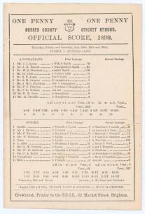 &lsquo;Sussex v. Australians&rsquo; 1890. Early original double sided scorecard for the tour match played at Hove 24th- 26th July 1890 with complete printed scores. The Australians batted first, scoring 363 (Murdoch 158, Barrett 83, Humphreys 5/65). In reply Sussex m