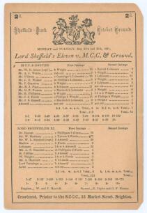 &lsquo;Lord Sheffield&rsquo;s Eleven v. M.C.C. & Ground&rsquo; 1891. Early original single sided scorecard with complete printed scores for the match played at Sheffield Park, Uckfield, 25th & 26th May 1891. M.C.C., comprising W.G. Grace, Webbe, O&rsquo;Brien, Cranston, Pope, Fe