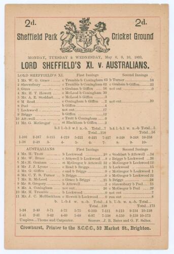 Australia tour to England 1893. &lsquo;Lord Sheffield&rsquo;s XI. v. Australians&rsquo;. Early original single sided scorecard with complete printed scores for the match played at Sheffield Park, Uckfield, 8th- 10th May 1893. In the opening match of the 1893 tour, a strong