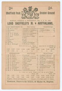 Australia tour to England 1893. &lsquo;Lord Sheffield&rsquo;s XI. v. Australians&rsquo;. Early original single sided scorecard with complete printed scores for the match played at Sheffield Park, Uckfield, 8th- 10th May 1893. In the opening match of the 1893 tour, a strong
