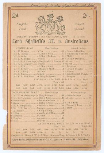 Australia tour to England 1896. &lsquo;Lord Sheffield&rsquo;s XI. v. Australians&rsquo;. Early original single sided scorecard with complete printed scores for the match played at Sheffield Park, Uckfield, 11th- 13th May 1896. In the opening match of the 1896 tour, the Aus