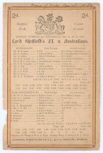 Australia tour to England 1896. &lsquo;Lord Sheffield&rsquo;s XI. v. Australians&rsquo;. Early original single sided scorecard with complete printed scores for the match played at Sheffield Park, Uckfield, 11th- 13th May 1896. In the opening match of the 1896 tour, the Aus