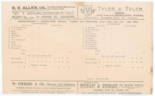 Leicestershire v Australia 1905. Early original double-sided/ folding scorecard for the tour match played at Aylestone Road, Leicester on the 12th, 13th & 14th June 1905. Players listed at the start of play. The match was drawn. For Australia, Howell and 