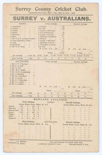 Surrey v Australians 1905. Original early double-sided scorecard for the tour match played at Kennington Oval, 11th- 13th May 1905, with complete printed scores for Surrey&rsquo;s first innings. Surrey scored 225 (Hobbs 94) & 286 (Hayward 129, Laver 5/61), the 