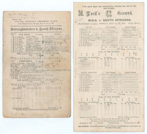 South Africa tours to England 1907 & 1924. Two official double-sided scorecards for tour matches. Nottinghamshire v South Africans, Trent Bridge 12th- 14th 1907, incomplete printed and untidily handwritten scores in pencil. Nottinghamshire won by five wic