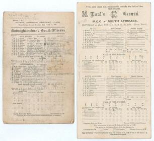 South Africa tours to England 1907 & 1924. Two official double-sided scorecards for tour matches. Nottinghamshire v South Africans, Trent Bridge 12th- 14th 1907, incomplete printed and untidily handwritten scores in pencil. Nottinghamshire won by five wic