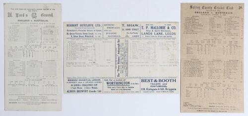 The Ashes. England v Australia 1926. Three official Test match scorecards, one for the 2nd Test at Lord&rsquo;s 26th- 29th June 1926 (Larwood&rsquo;s Test debut), near complete printed and handwritten scores in pencil, match drawn, 5&rdquo;x9.25&rdquo;. 3rd Test, Headingley 10th