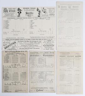 Australia tour to England 1926. Five official scorecards for matches from the 1926 tour. Matches are Australians v Leicestershire, Leicester 1st- 4th May, players listed at start of play, 10&rdquo;x8.25&rdquo;. v Middlesex, Lord&rsquo;s 29th May- 1st June, incomplete print