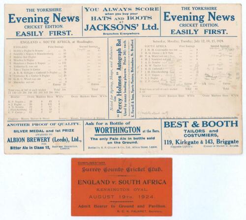 South Africa tour to England 1924. Three official scorecards, one for the 3rd Test, Headingley 12th- 15th July 1924, with incomplete printed and handwritten scores in pencil. England (396 & 60/1) beat South Africa (132 & 323) by nine wickets. 10&rdquo;x6.25&rdquo;. V