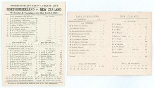 New Zealand inaugural tour to England 1927. Two rarer original official scorecards for matches played on the tour. One for the match v Northumberland at Jesmond, 22nd & 23rd June 1927 with complete printed scores. New Zealand (476, Blunt 195) beat Northum