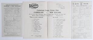 New Zealand inaugural tour to England 1927. Rarer official scorecard with complete printed scores for the match v Durham at Chester-le-Street, 18th & 20th June 1927. Durham (254 & 123) lost to the New Zealanders (373 &5/0) by ten wickets. Printed on the g