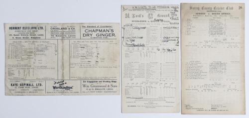 South Africa tour to England 1929. Three official scorecards including the 3rd Test, Headingley, 13th- 16th July 1929, England won by five wickets. Also two tour match scorecards, v Surrey, Kennington Oval, 8th- 10th May, Surrey won by 125 runs, and v Mid
