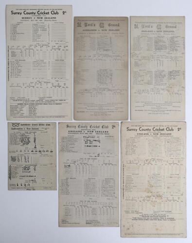 New Zealand tours to England 1931 & 1937. Six official scorecards, all with incomplete printed and/or handwritten scores unless otherwise stated. Includes three from the 1931 tour including two Test matches, 1st Test, England v New Zealand, Lord&rsquo;s 27th- 3