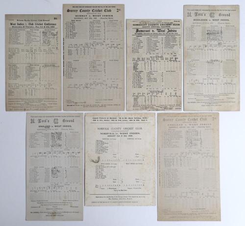 West Indies tour to England 1933. Seven official scorecards including for the two matches played in the England v West Indies Test series, and five tour matches. Scorecards are v Club Cricket Conference, Catford 3rd & 4th May, complete printed and handwri