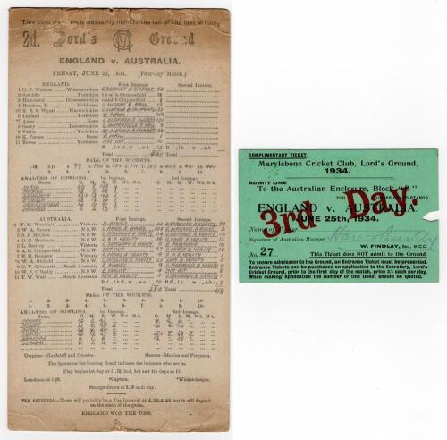 The Ashes. England v Australia 1934. &lsquo;Verity&rsquo;s Match&rsquo;. Official scorecard for the 2nd Test played at Lord&rsquo;s, 22nd- 25th June 1934. The scorecard with complete printed and neatly handwritten scores in pencil. England scored 440 in their only innings, Leyla