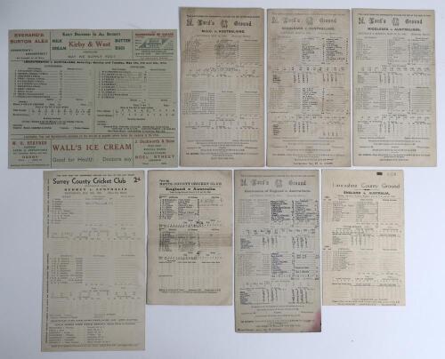 Australia tour to England 1934. Thirteen official scorecards of tour and Test matches from the 1934 tour. The majority with incomplete printed and/ or handwritten scores (unless stated). Scorecards are v Leicestershire, Leicester, 5th- 8th May, match draw
